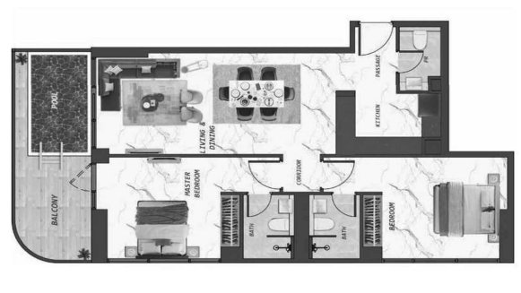 Apartment floor plan, 2 bedrooms in IVY Gardens 2 No. 11024 (2D)